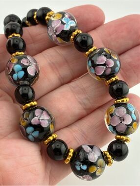 Venetian-style Black Floral Glass Bead Necklace with Gold Accents Adjustable
